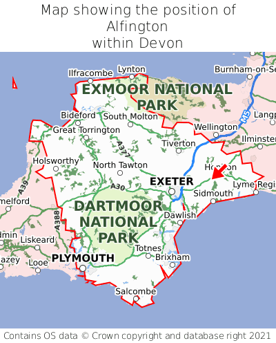 Map showing location of Alfington within Devon