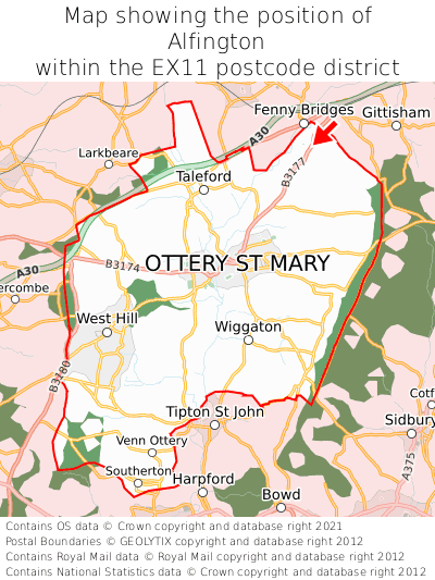 Map showing location of Alfington within EX11