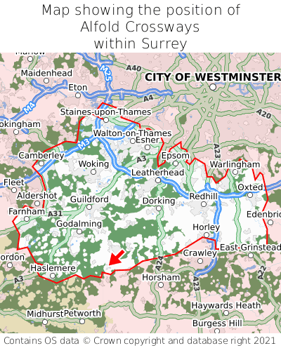 Map showing location of Alfold Crossways within Surrey