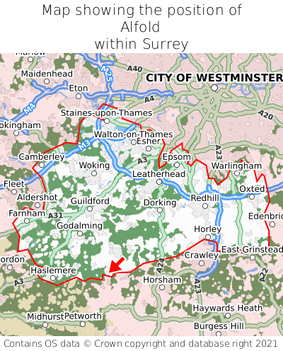 Map showing location of Alfold within Surrey