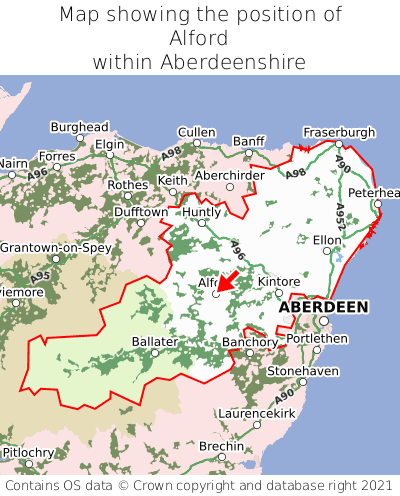Map showing location of Alford within Aberdeenshire