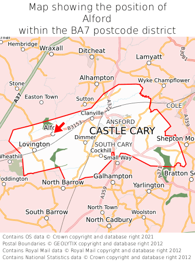 Map showing location of Alford within BA7