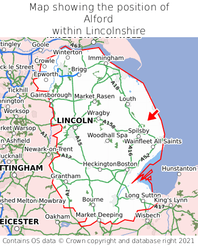 Map showing location of Alford within Lincolnshire