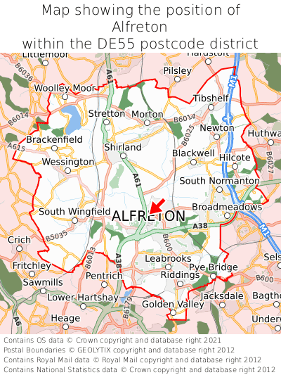 Map showing location of Alfreton within DE55