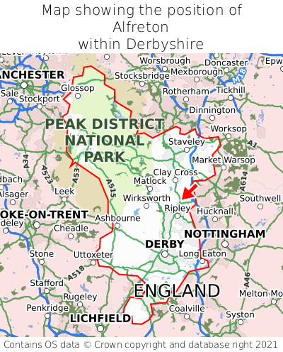 Map showing location of Alfreton within Derbyshire