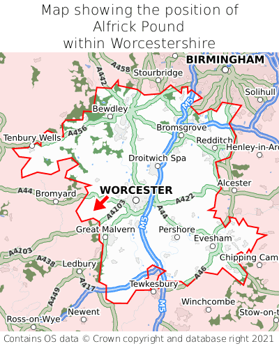 Map showing location of Alfrick Pound within Worcestershire
