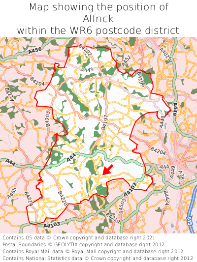 Map showing location of Alfrick within WR6