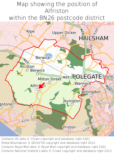 Map showing location of Alfriston within BN26