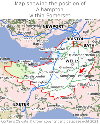 Map showing location of Alhampton within Somerset