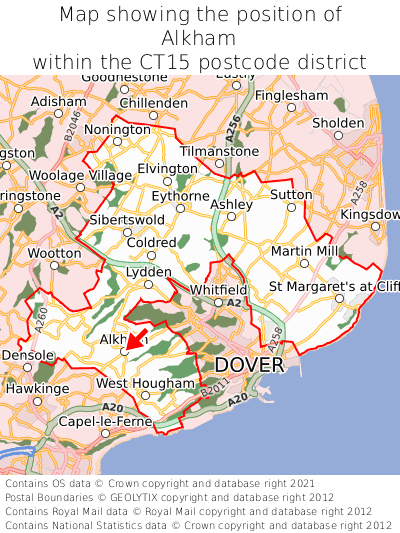 Map showing location of Alkham within CT15