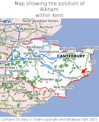 Map showing location of Alkham within Kent