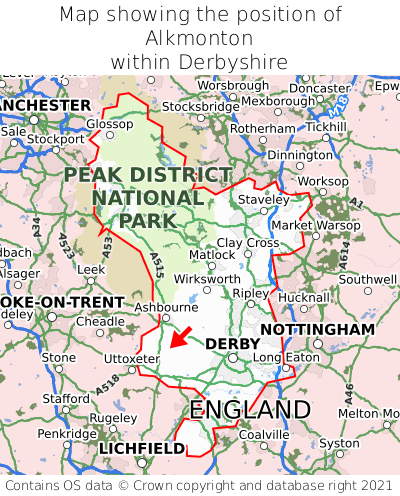 Map showing location of Alkmonton within Derbyshire