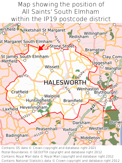 Map showing location of All Saints' South Elmham within IP19