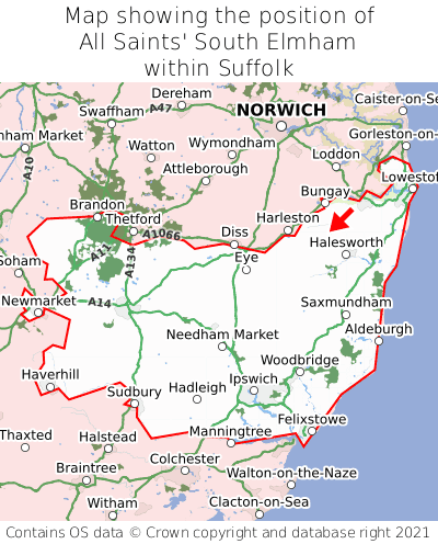 Map showing location of All Saints' South Elmham within Suffolk