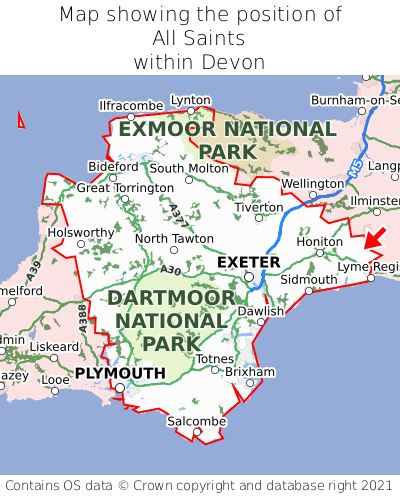 Map showing location of All Saints within Devon