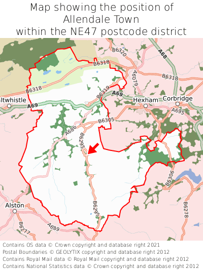 Map showing location of Allendale Town within NE47