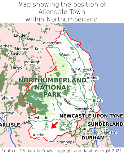 Map showing location of Allendale Town within Northumberland
