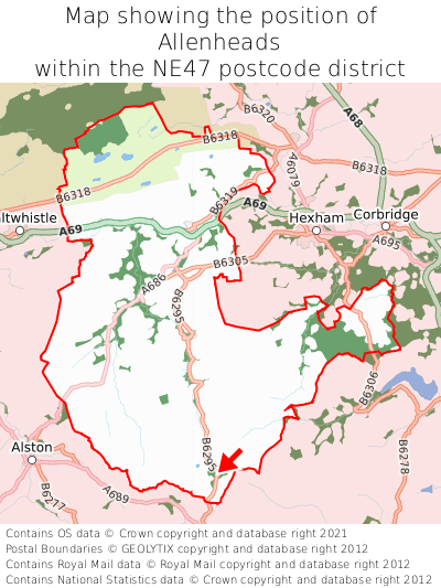 Map showing location of Allenheads within NE47