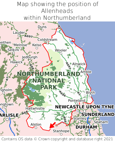 Map showing location of Allenheads within Northumberland