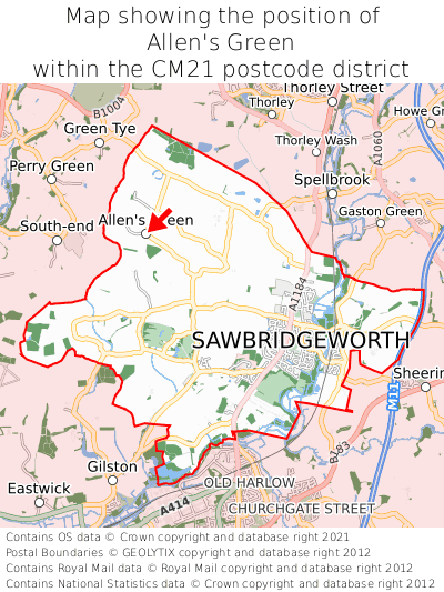 Map showing location of Allen's Green within CM21