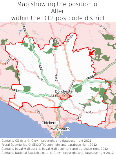 Map showing location of Aller within DT2