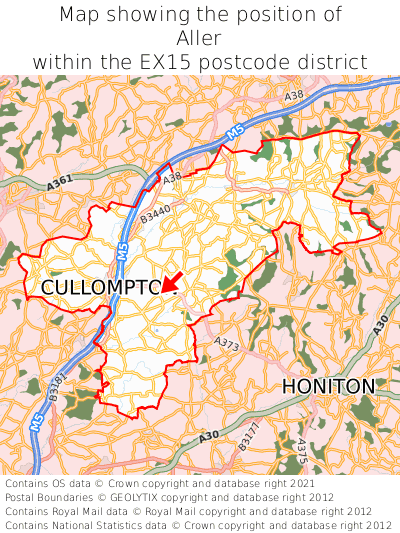 Map showing location of Aller within EX15