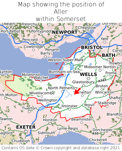 Map showing location of Aller within Somerset