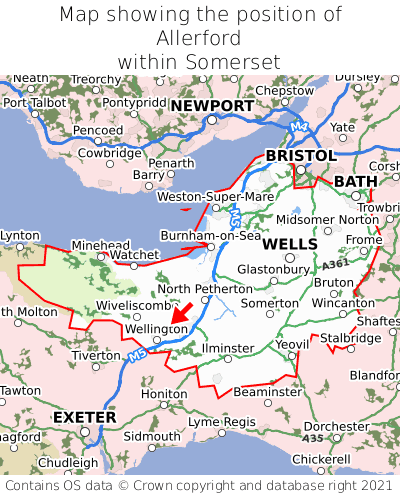 Map showing location of Allerford within Somerset