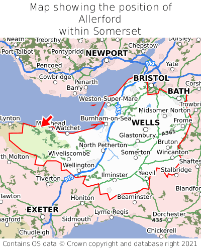 Map showing location of Allerford within Somerset