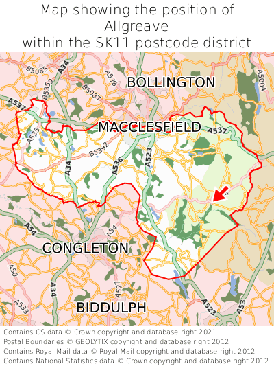 Map showing location of Allgreave within SK11