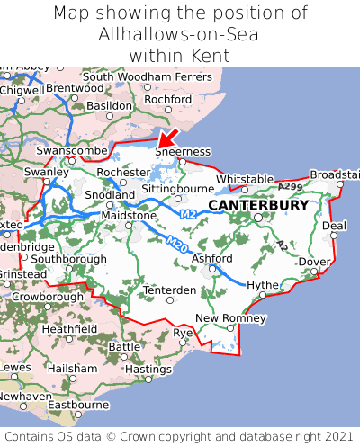 Map showing location of Allhallows-on-Sea within Kent