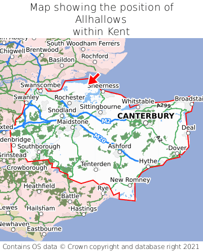 Map showing location of Allhallows within Kent