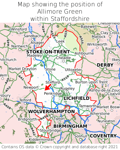 Map showing location of Allimore Green within Staffordshire