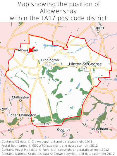 Map showing location of Allowenshay within TA17
