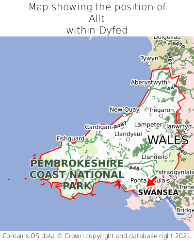 Map showing location of Allt within Dyfed