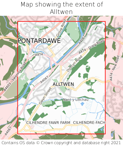 Map showing extent of Alltwen as bounding box