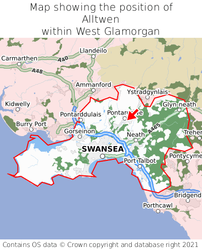 Map showing location of Alltwen within West Glamorgan