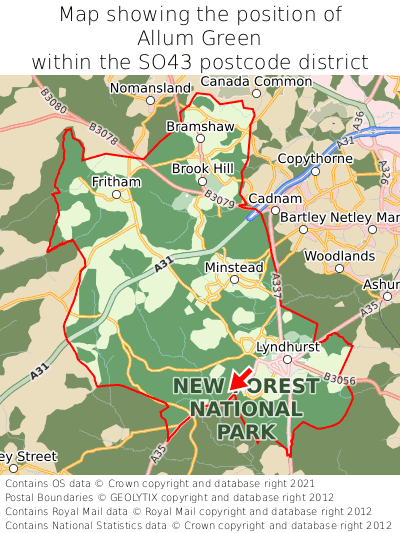 Map showing location of Allum Green within SO43
