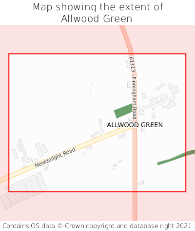 Map showing extent of Allwood Green as bounding box