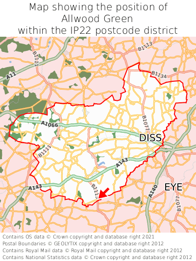 Map showing location of Allwood Green within IP22