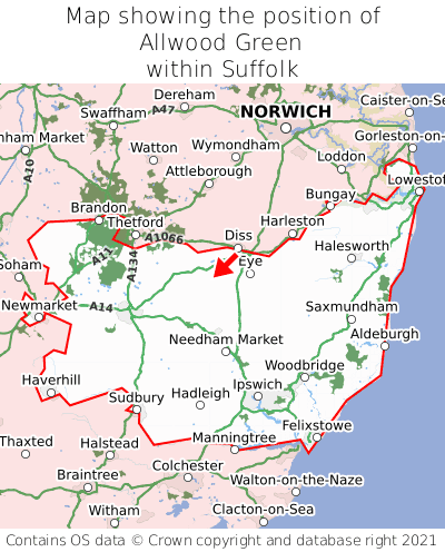 Map showing location of Allwood Green within Suffolk