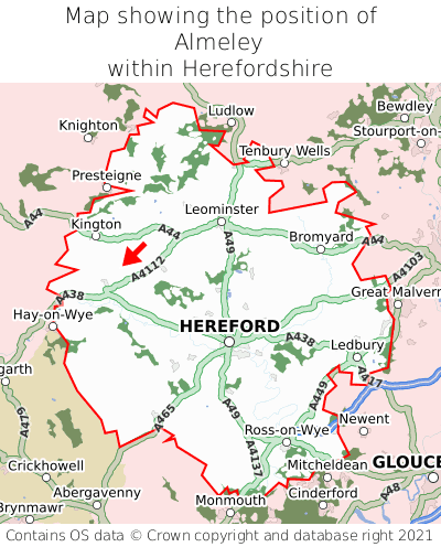 Map showing location of Almeley within Herefordshire