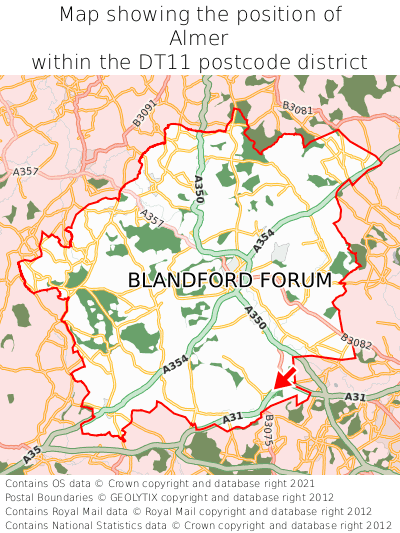 Map showing location of Almer within DT11