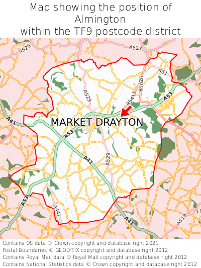 Map showing location of Almington within TF9