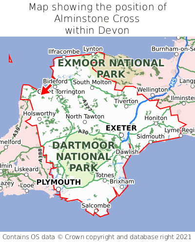 Map showing location of Alminstone Cross within Devon