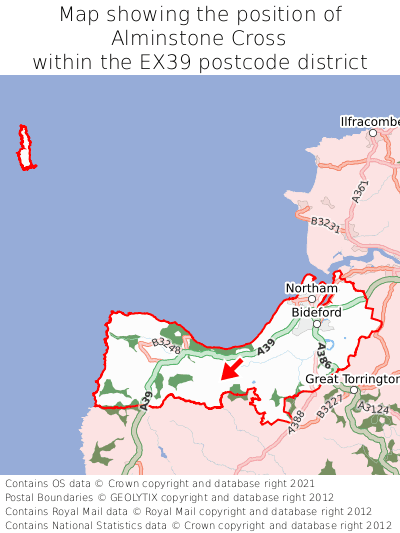 Map showing location of Alminstone Cross within EX39