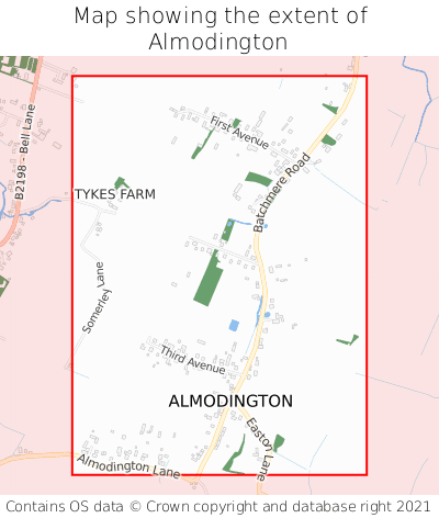 Map showing extent of Almodington as bounding box