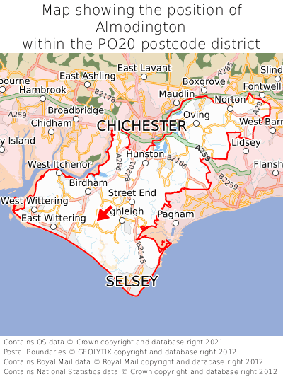 Map showing location of Almodington within PO20