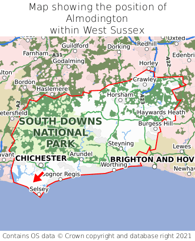 Map showing location of Almodington within West Sussex