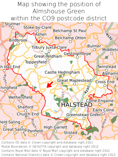 Map showing location of Almshouse Green within CO9